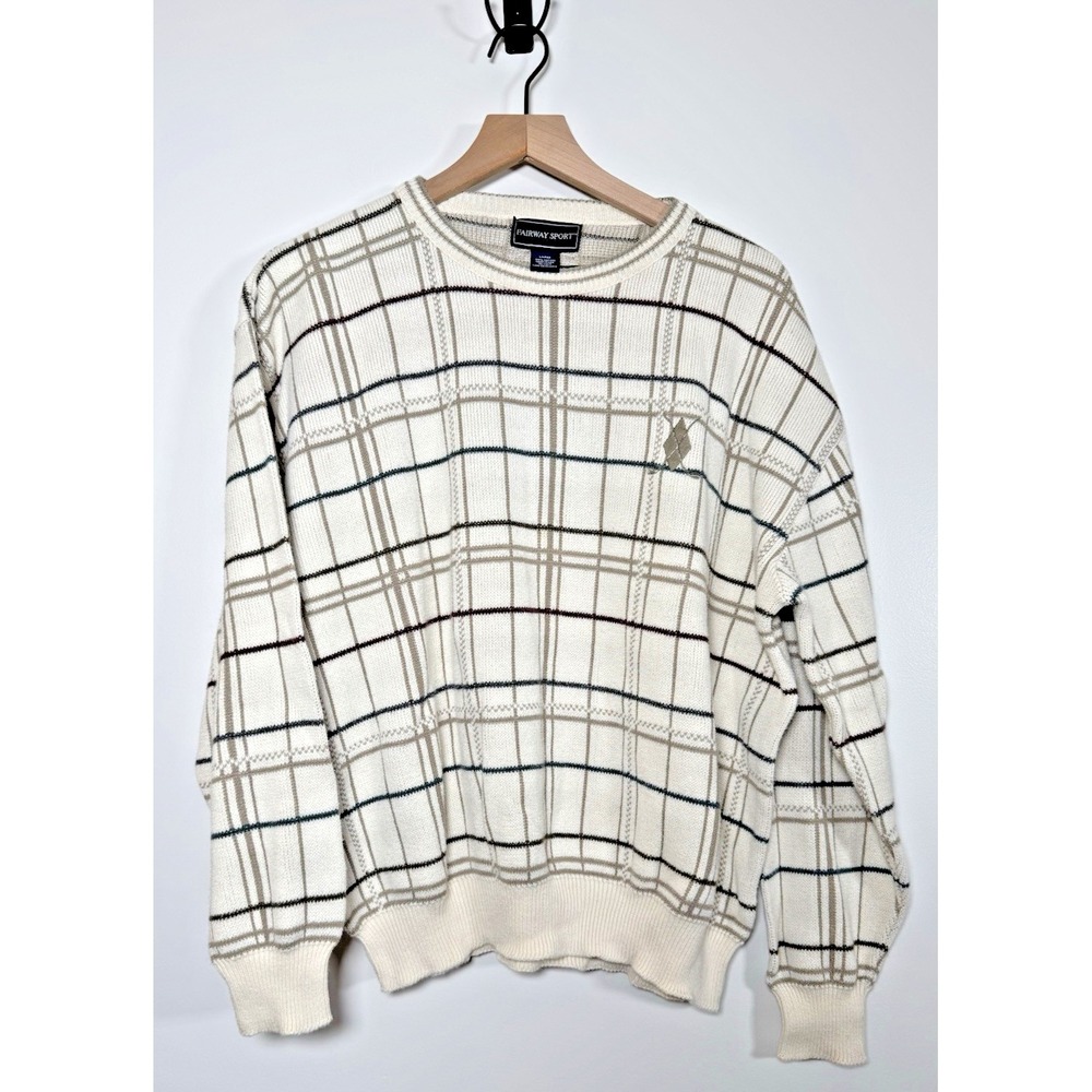 Vintage Fairway Sport Knit Sweater Adult L‎ Beige Golf Embroidered Made in USA